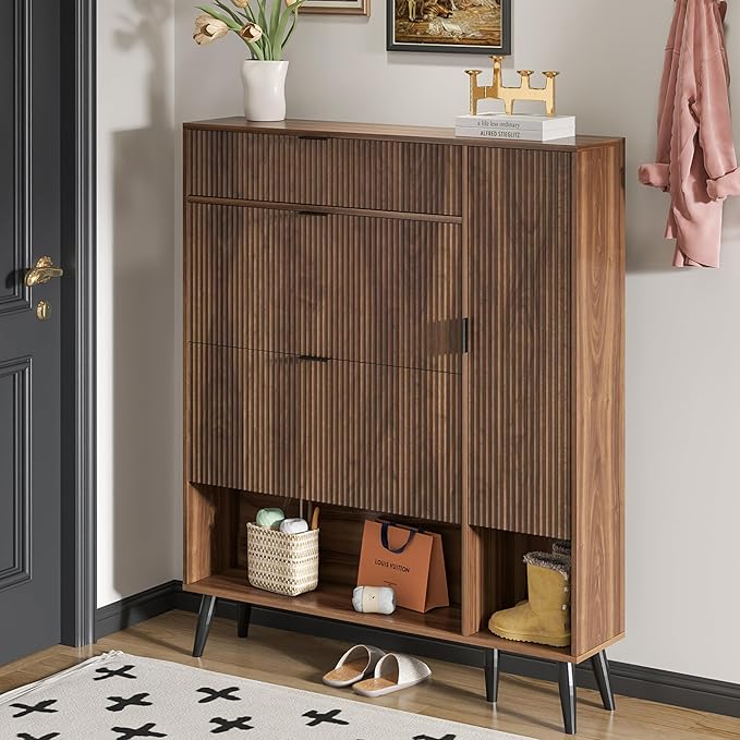 Shoe Storage Cabinet with 2 Flip Drawers, Narrow Shoe Cabinet for Entryway, Freestanding Slim Hidden Shoe Organizer Cabinet with Doors, Adjustable Shelf, Open Storage Space (Walnut)