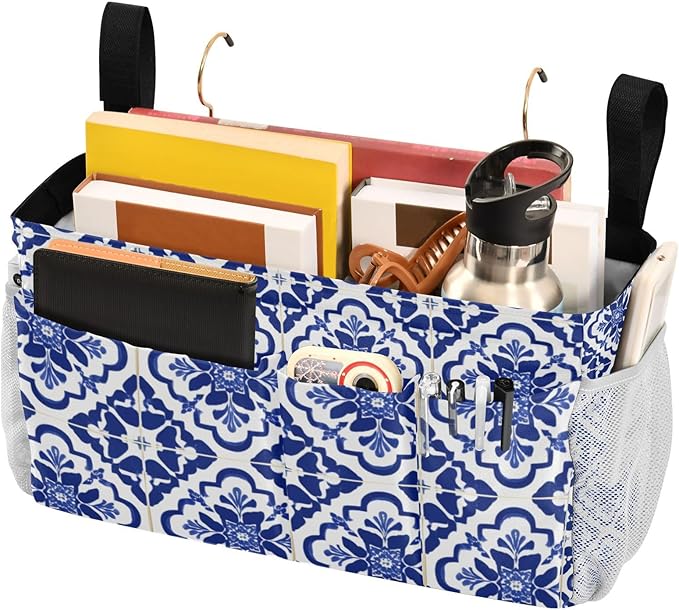 Bedside Caddy Hanging Bunk Bed Caddy Bed Organizer Hanging Pocket with 2 Hooks Bedside Storage Organizer Pocket Bag Holder Floral Blue and White Geometric