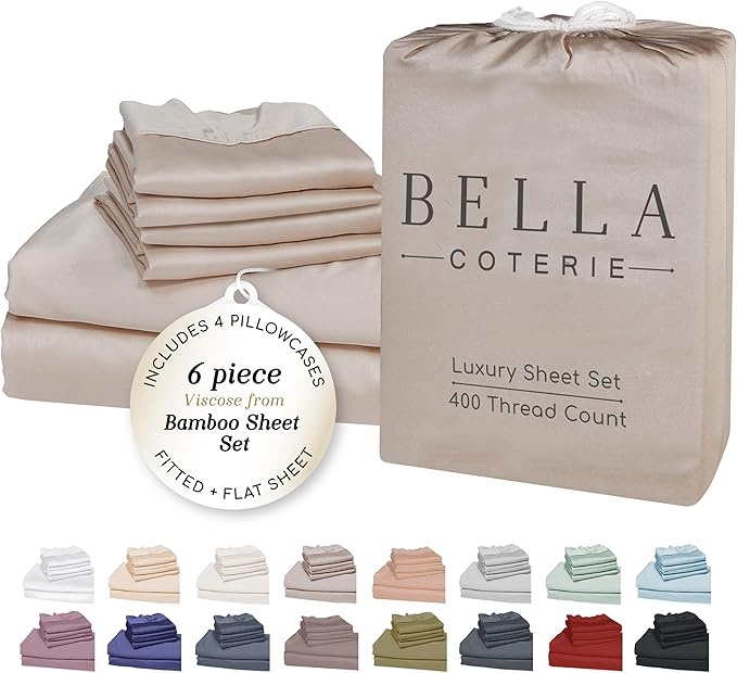 Bella Coterie 6 Piece Luxury Bamboo Viscose Split Top King Size Sheet Set | 34" Split for Adjustable Beds | 100% Organically Grown| Cooling | 18” Deep Pocket | 4 Pillowcases [Dune]