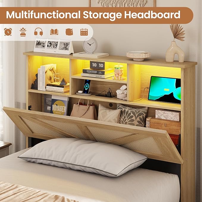 VIAGDO Rattan Bed Frame Twin Size with Bookcase Storage Headboard, Charging Station and LED Lights, Wooden Twin Bed Frames with 4 Drawers, Barn Door Design, No Box Spring Needed, No Noise, Natural