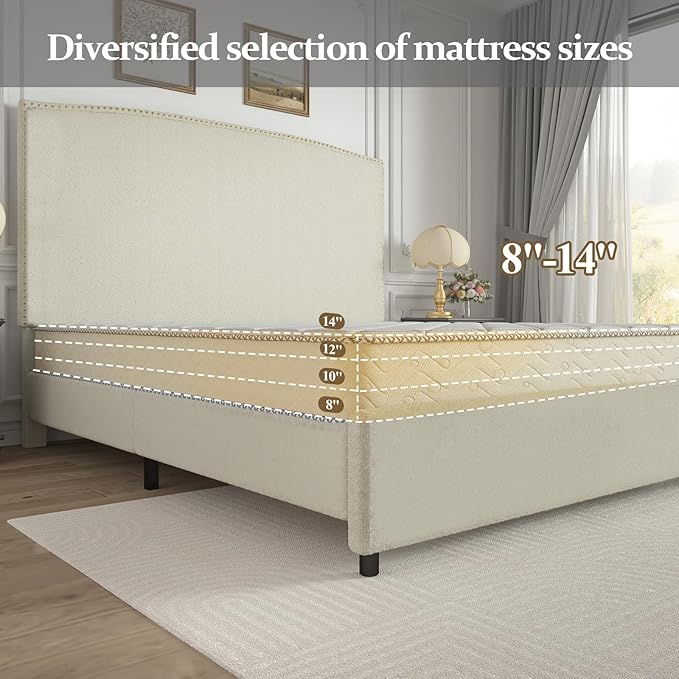 Full Size Bed Frame with Headboard, 56" Upholstered Platform Bed with Nailhead Trim, Soft Boucle Fabric, No Box Spring Needed, Easy Assembly, Cream