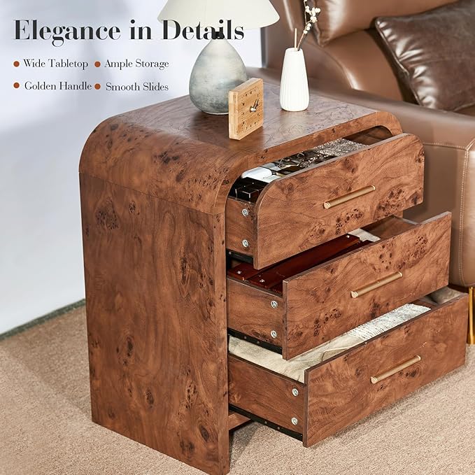 Farmhouse Nightstand Set of 2, 23.5" Curved Modern Night Stand with 3-Drawer, Bedside Table, End Table for Bedroom, Storage Cabinet for Living Room Home Office Entryway, Dark Burl