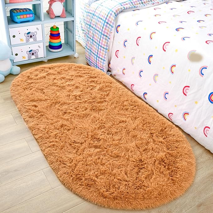 Noahas Fluffy Khaki Rugs for Bedroom Living Room,2.6'X5.3' Oval Throw Rug for Kids Room,Shag Hallway Runner Rug,Small Soft Shaggy Bedside Non-Slip Plush Nursery Dorm Carpet Home Decor Aesthetic