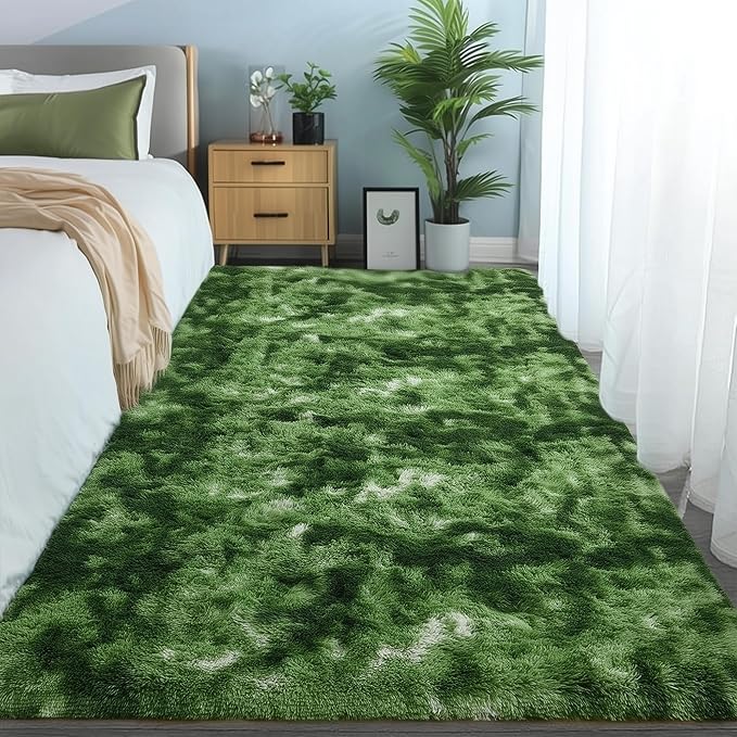 PAGISOFE Fluffy Dark Green Rugs for Living Room 5x8, Modern Abstract Bedside Carpets, Plush Rug High Pile Emerald Green Rugs for Kids Boys Girls Teen Dorm Nursery Room Decor Aesthetic, No-Shedding