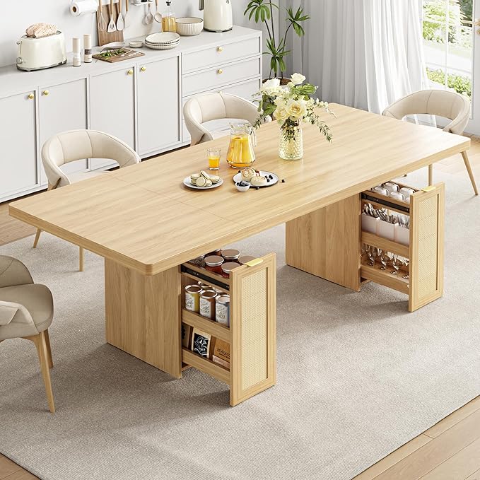 LIKIMIO 78.7" Farmhouse Dining Table for 6-8 People, Extra Thick Wood Top with 2 Hidden Adjustable Storage Drawers, Modern Woven Rattan Table for Dining Room, Kitchen, Living Room, Rustic White