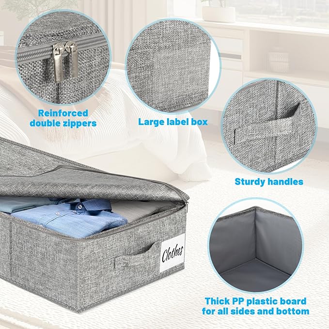 Under Bed Storage Container Bins 2 Pack, 5 Inch Thin Low Profile Underbed Clothes Storage Organizer for Dorm & Home, Use for Blanket and Toy Storage Box W/ Sturdy Bottom/Sides, Foldable Thick Fabric