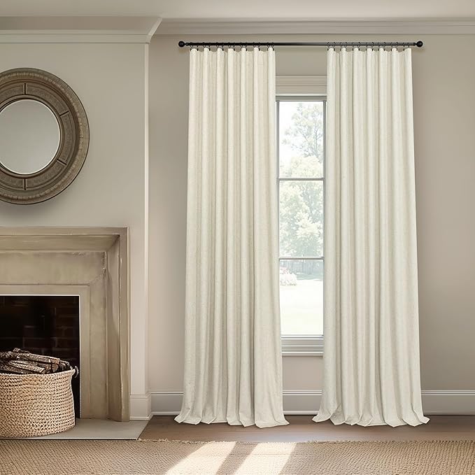Black Out Burlap Curtains 63 Inch Long Faux Linen Farmhouse Bedroom Blackout Curtain 63 Inches Length 2 Panels Set Energy Saving Noise Reducing Nursery Drape for Bay Window Back Tab Pocket Cream Beige