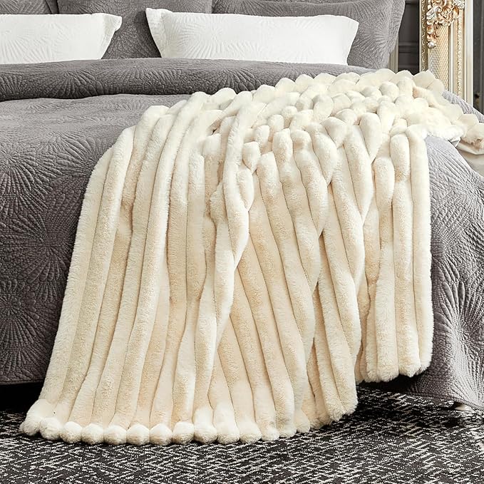 Cozy Bliss Faux Fur Throw Blanket for Couch, Cozy Warm Plush Striped Blanket for Sofa Bedroom Living Room, 108 * 90 Inches Beige