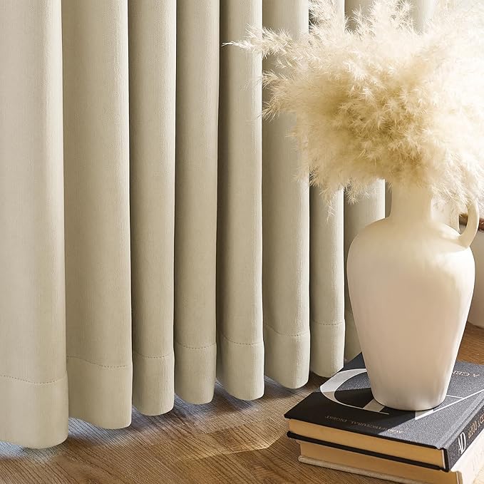 jinchan Chenille Blackout Curtains 84 Inches Long 2 Panels Beige Thermal Insulated Curtains for Bedroom Living Room Triple-Weave Noise Reducing Drapes Back Tab Full Privacy Window Curtains 50x84 Inch