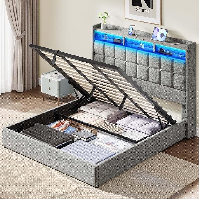 Lift Up King Size Bed Frame with Storage, Upholstered King Bed Frame with Charging Station and LED Lights Headboard, No Box Spring Needed, Easy Assembly - Light Grey