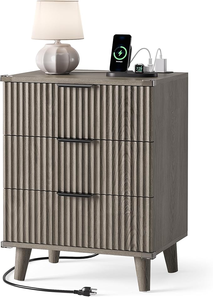 Lulive Wood 3 Drawers Fluted Night Stand with Charging Station, Storage Nightstand Modern End Table, Bedside Table for Bedroom, Living Room Dark Grey Oak