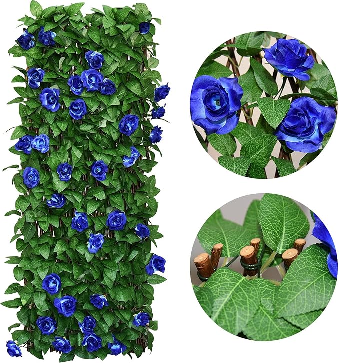Sumery Expandable Fence Privacy Screen for Balcony Patio Outdoor,Decorative Faux Ivy Fencing Panel,Artificial Hedges (Single Sided Leaves) (2, Blue Flowers)