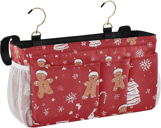 Bedside Caddy Hanging Bunk Bed Caddy Bed Organizer Hanging Pocket with 2 Hooks Bedside Storage Organizer Pocket Bag Holder Gingerbread Christmas Tree01