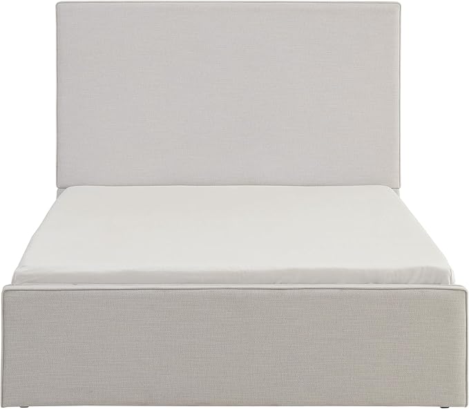 Queen Size Upholstered Bed Frame, 52" High Headboard Wingback Bedframe, Lucas Tall Headboard Floor Platform Beds, No Box Spring Needed No Noise/Minimalist, Textured Lvory Canvas Chenille