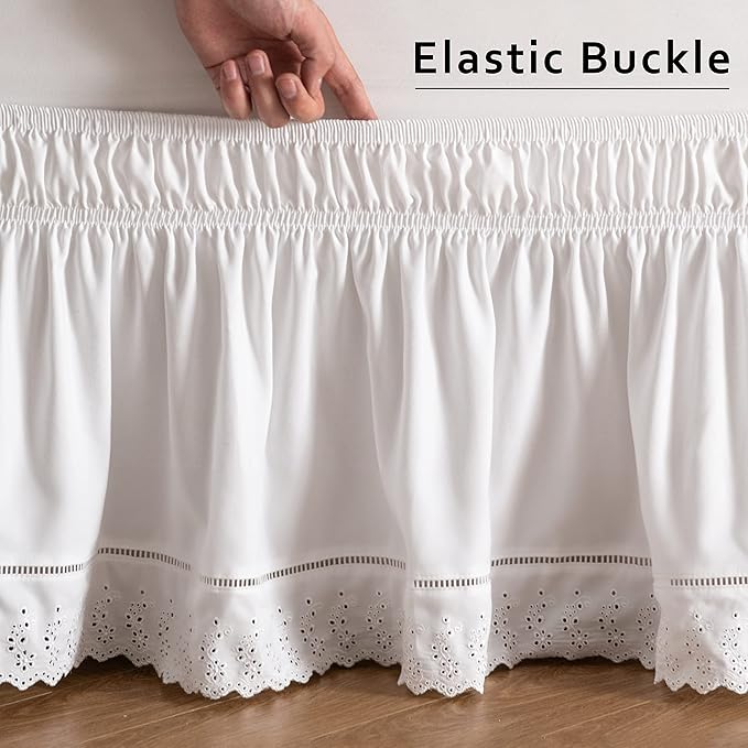 MIYE Wrap Around Ruffled Lace Bed Skirt, Elastic Dust Ruffle with Adjustable Belts,15 Inch Drop Easy to Put On, Bed Frame Cover, Machine Washable (Embroidered, Full/Twin-15)