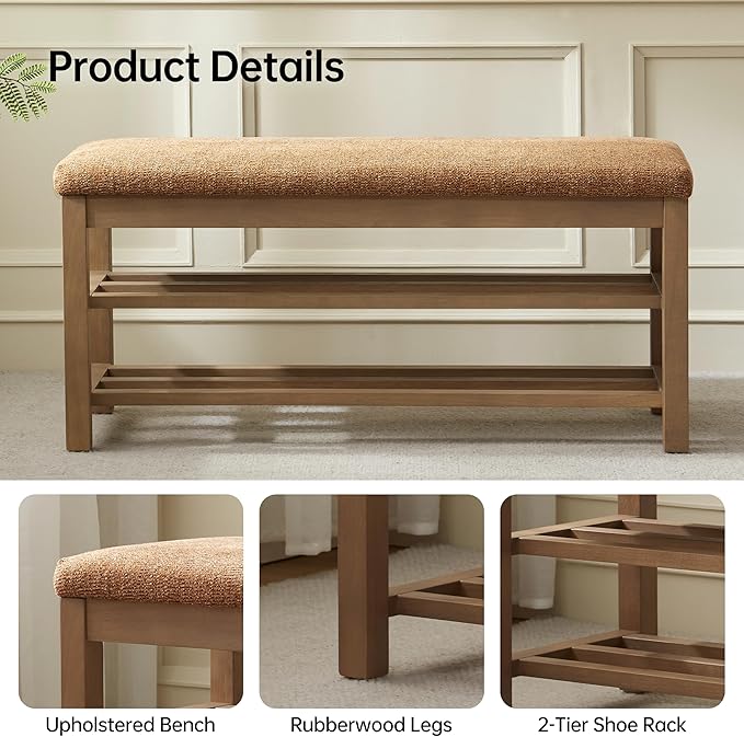 VKNOW Entryway Bench, 44.3” Upholstered Shoe Bench for Bedroom, 2-Tier Storage End of Bed Bench with Rubberwood Legs for Living Room, Hallway, Orange