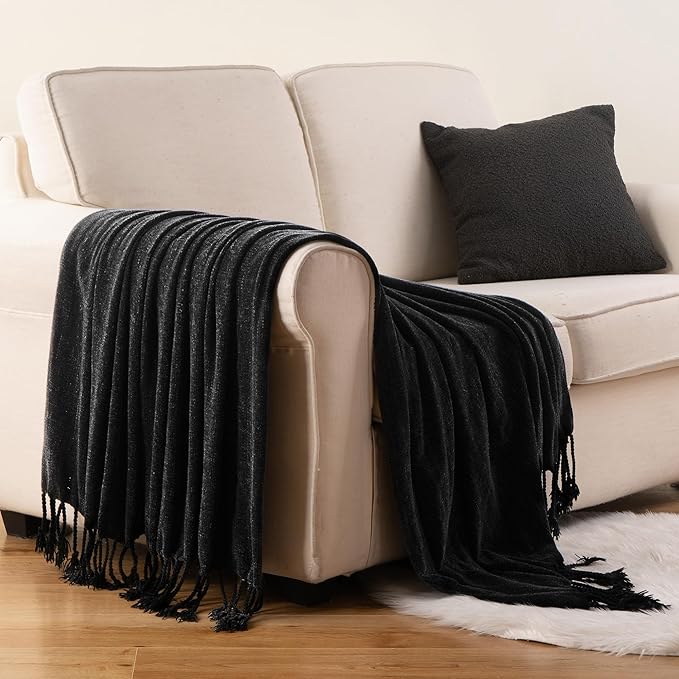 BATTILO HOME Black Throw Blanket for Couch, Bed, Sofa - Soft Cozy Chenille Throw with Fringe Tassels, Lightweight Chenille Knit Throw for Home Decor, 50"x60"