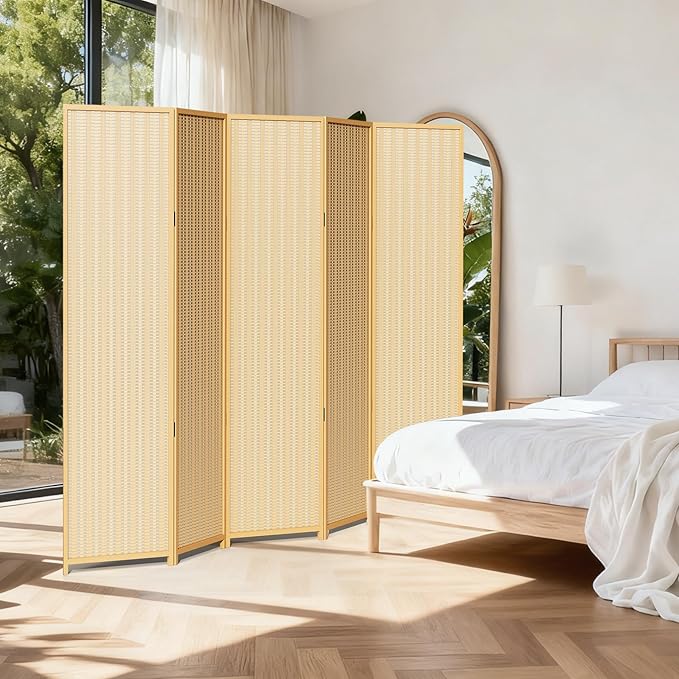 5 Panel Room Divider and Extra Wide Folding Privacy Screen, 79" W x 67" H, Bamboo Room Divider for Room Separation.