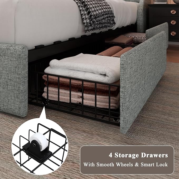 Feonase Upholstered Full Size Bed Frame with 4 Storage Drawers, Charging Station and Tufted Wingback Storage Headboard, No Box Spring Needed, Easy Assembly, Light Grey