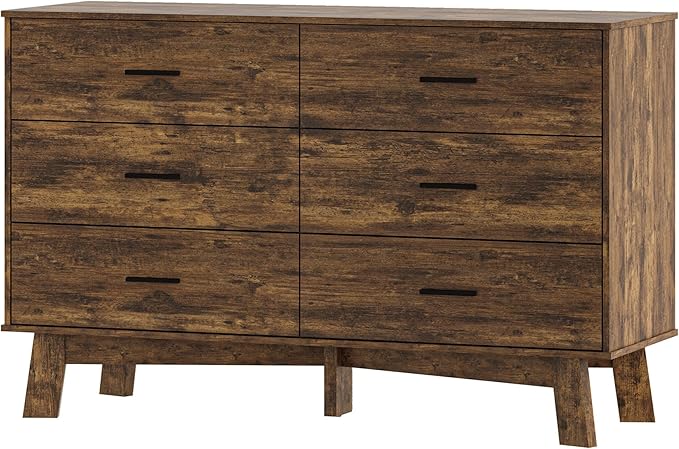Dresser for Bedroom with 6-Drawer, 47.3" Modern Chest of Drawers with Metal Handles, X-Shape Base & Adjustable Center Leg, Anti-Tip Closet Organizers and Storage