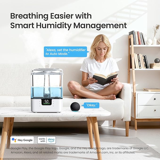 Smart Humidifiers for Bedroom Home, 6L Cool Mist Top Fill Humidifier Large Room with Essential Oil Diffuser, Touch/APP/Voice Control, NightLight Humidifiers for Nursery & Plants (White, 1Pack)