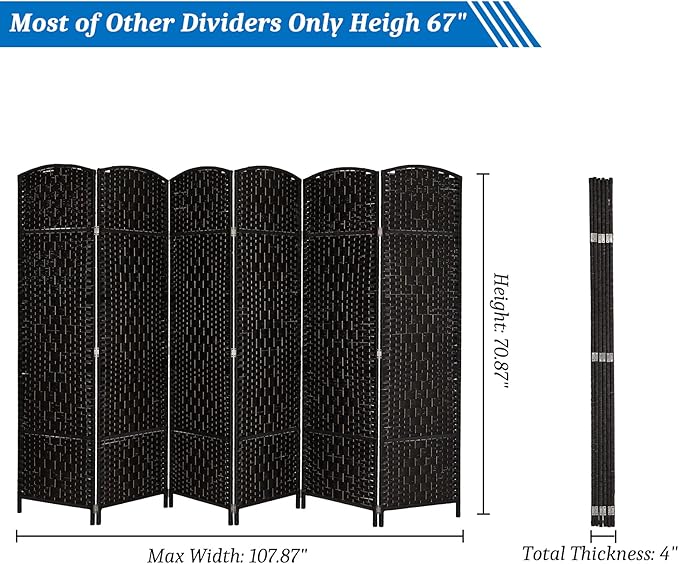 VINGLI 6-Panels Tall Rattan Room Divider, 6 FT Folding Privacy Screen, Indoor Partition Wall Dividers, Freestanding Hinged Space Separator (Black)
