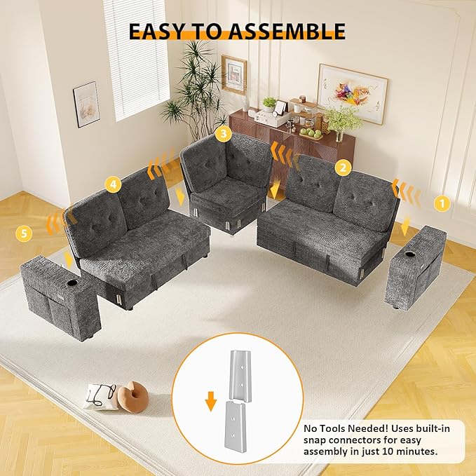 Modular Sectional Sleeper Sofa with Pull Out Bed, L Shaped 5 Seat Sectional Couches for Living Room, 84 Inch Sofa Bed with Adjustable Backrest | Hidden Storage | Wide Armrest | Grey