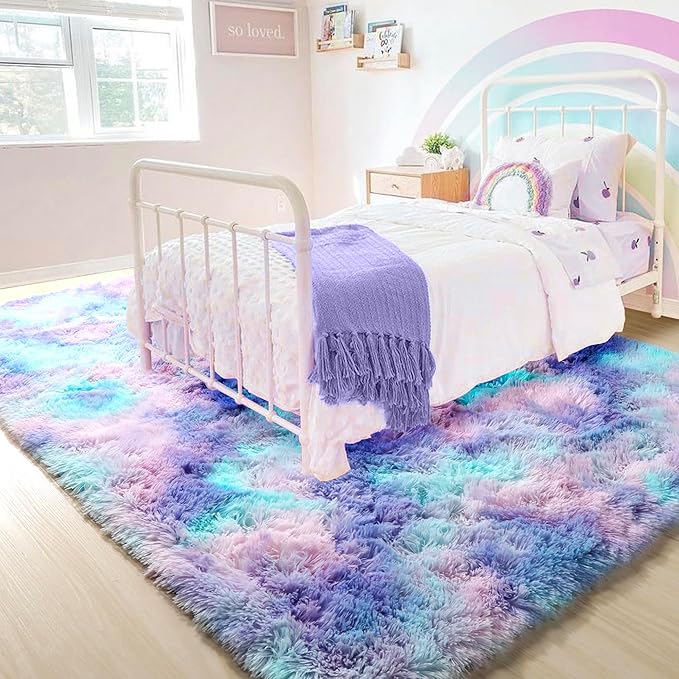 PAGISOFE Cute Kawaii Purple Rainbow Rug for Girls Bedroom, 5x8 Washable Area Rug, Soft Fluffy Shag Rug for Girls Room Baby Kids Playroom Nursery Classroom Plush Furry Mermaid Rug, Fuzzy Pastel Carpet