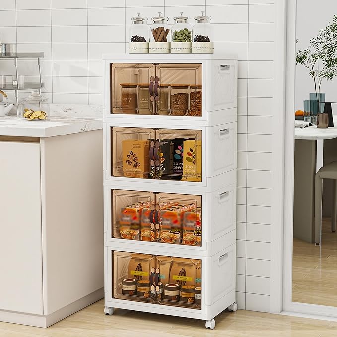 Storage Bins with 2 Lids and Wheels, 270QT-45QT*6Tier Collapsible Bathroom Storage Cabinet with Clear Doors, Plastic Stackable Closet Organizers and Containers White