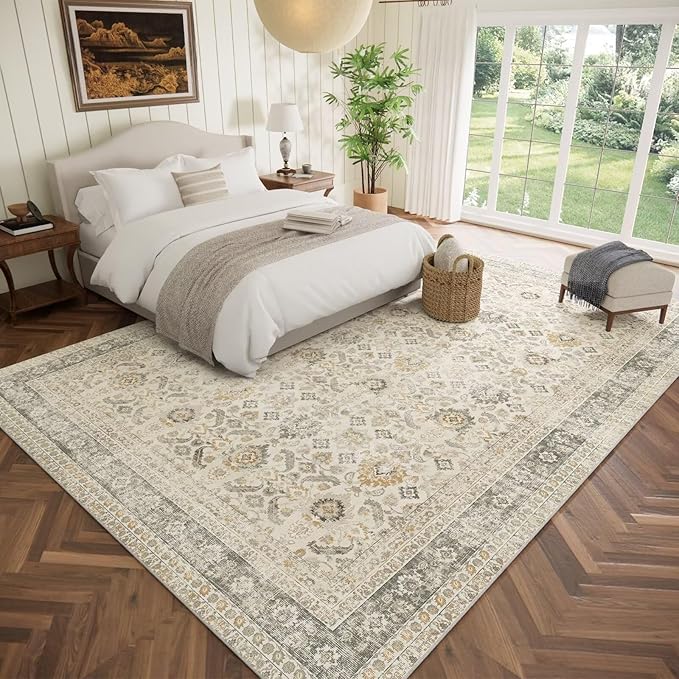 Washable 10x14 Area Rugs for Living Room, Boho Non-Slip Vintage Distress Large Rugs for Bedroom Dining Room Office, 0.3" Neutral Oriental Throw Thin Carpet, Grey/Beige/Orange/Multi