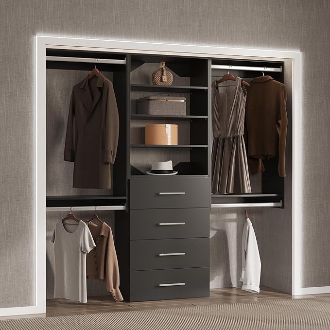 4 Drawer Short Tower Closet Unit, Modular Closet System, Wood Closet System Organizer with Storage for Walk In Closets, Clothing Rack Closet for Hanging Clothes, Bedroom, Black, 19.5"W