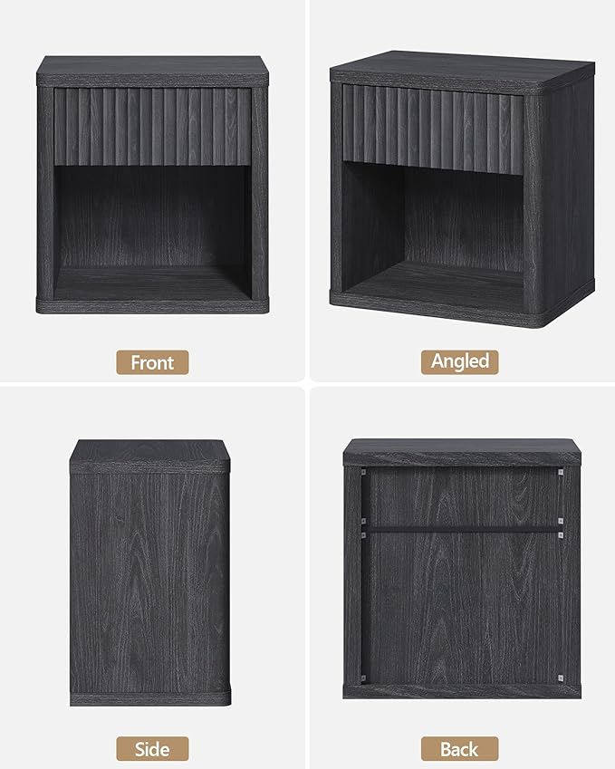 SICOTAS Night Stand Set of 2 Nightstands with Drawer Storage Fluted Bed Side Table End Table Large Modern Wide Bedside Mid Century Night Stands for Bedroom Living Room Sofa Office, Dark Grey Alder