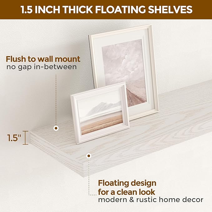 Fun Memories Floating Shelves for Wall, 24 x 9.3 Floating Shelf Wall-Mounted, Rustic Wood Bathroom Shelf Set of 2, Deep Bookshelf Storge Shelves for Living Room, Bedroom, Farmhouse, Brich Color
