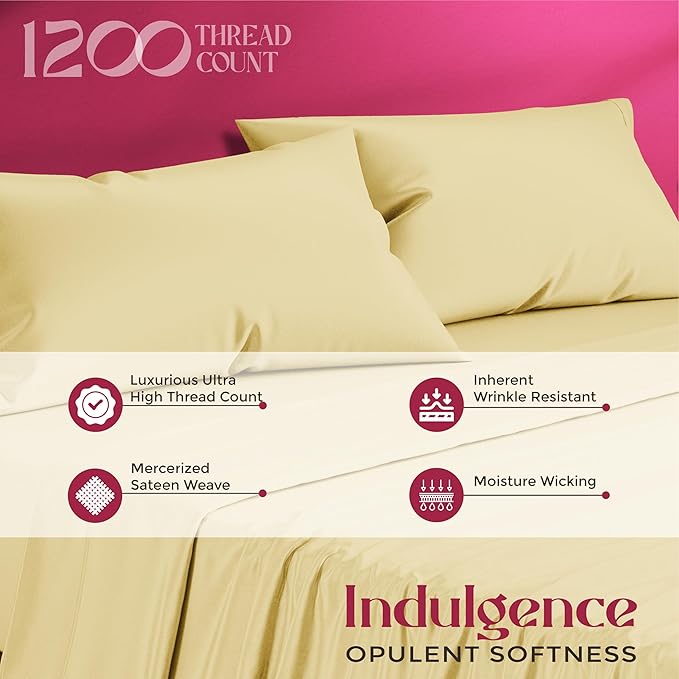 Mayfair Linen 100% Egyptian Cotton Sheets California King Size - 1200 Thread Count 4 PC Cal King Sheet Egyptian Cotton, Soft, Cooling Sateen Sheets, High Thread Count Sheet California King - Beige