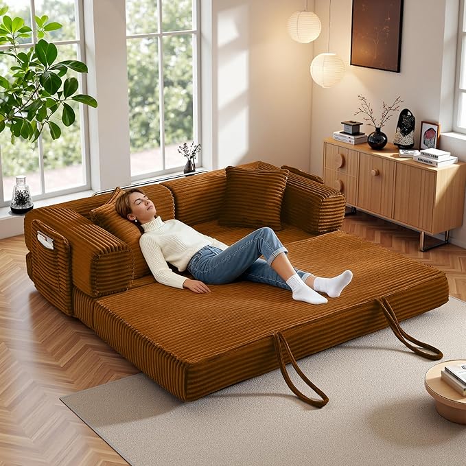 Boneless Couch Folding Couches for Living Room Sofa, Futon Sofa Bed with Sleeper Sofa, Futon Couch with Fixed-Shape Oversized Corduroy Upholstered (Orange, 81 Inches)