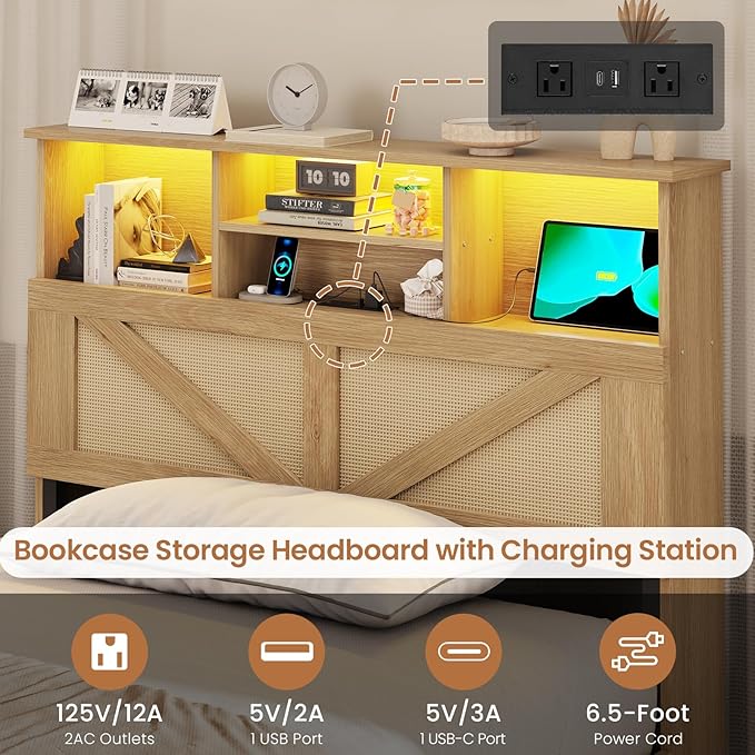 VIAGDO Rattan Bed Frame Twin Size with Bookcase Storage Headboard, Charging Station and LED Lights, Wooden Twin Bed Frames with 4 Drawers, Barn Door Design, No Box Spring Needed, No Noise, Natural