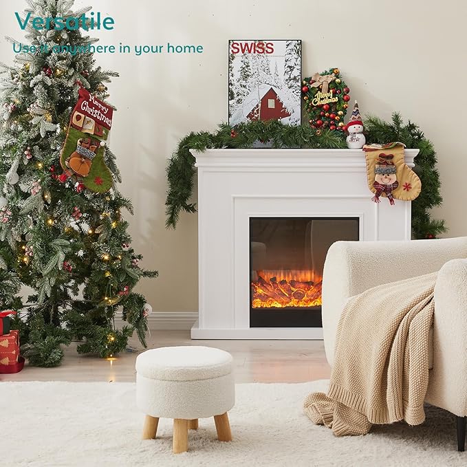 FIMIVIBI Small Ottoman with Storage, Small Storage Ottoman Round, Sherpa Foot Stool with Legs, Ottomans and Footstools for Living Room and Entryway (White)