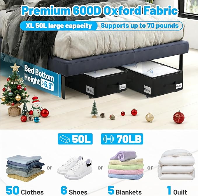 Under Bed Storage with Wheels, 2-Pack 6.7" Height XL 50L Rolling Storage Bins, Quick Assembly Underbed Shoe Storage Containers with Clear Lid & Label, Dorm Under bed Drawers for Clothes, Shoes, Black