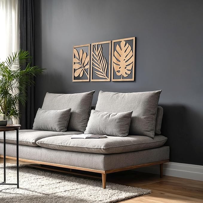 qmmp Modern Wooden Wall Sculptures - Set of 3 - Home Decor Accent - Large Wall Art for Living Room, Bedroom, Office - Easy Installation (Oak, Medium - Tree Leaves)