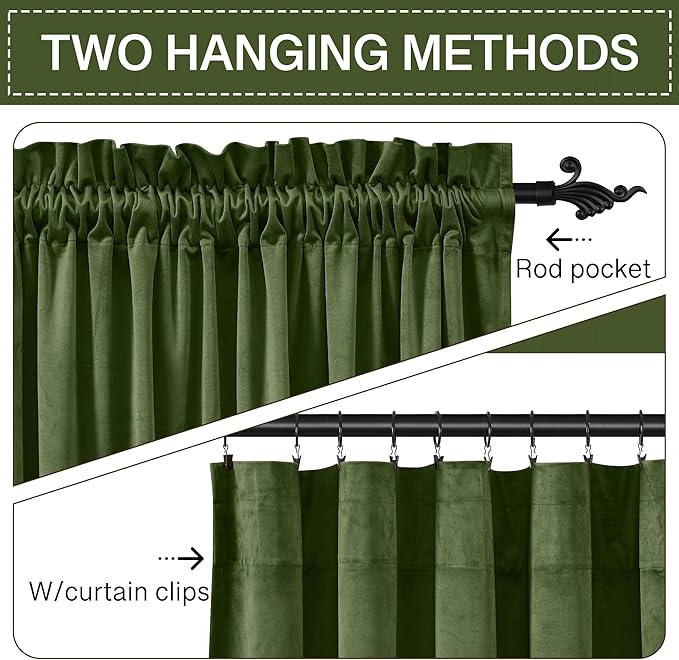 StangH 63 inch Length Christmas Moss Green Velvet Curtains 2 Panels, Rod Pocket Soft Thick Drapes Light Dampening Heat & Cold Blocking for Kitchen/Bathroom, W52 x L63
