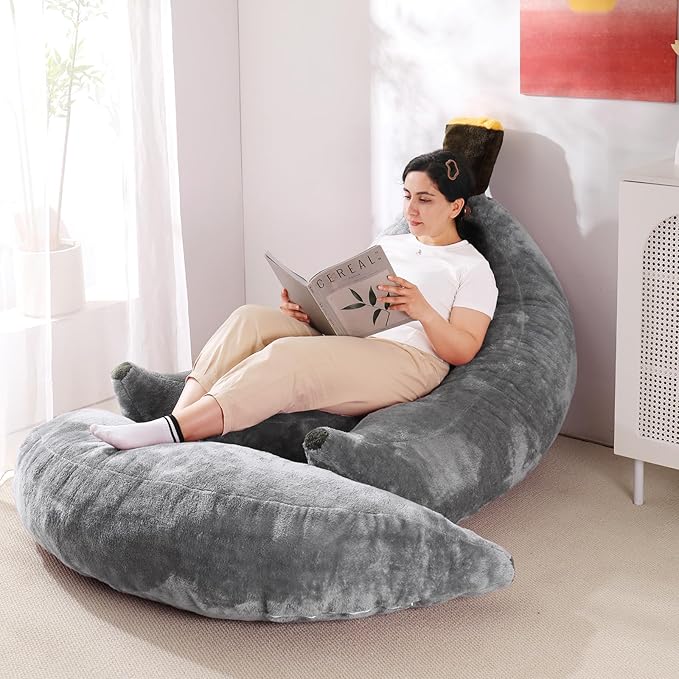 Banana Bean Bag Chair with Ottoman, Floor Sofa Bed with Footrest, Comfy Convertible Lounger for Adults, Plush Couch for Bedroom, Living Room or Dorm, L-Grey