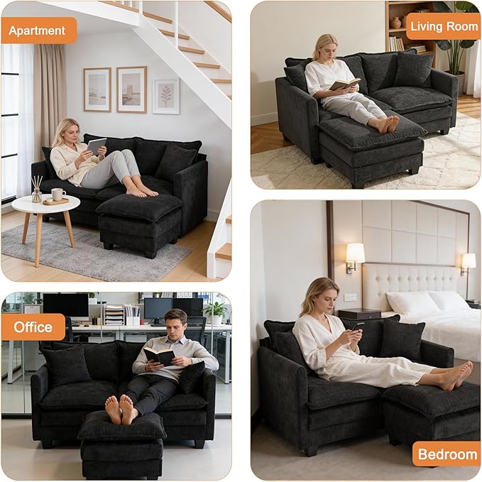 Loveseat Sofa with Ottoman, 50'' Modern L-Shape Cloud Couch Sofa Loveseat with 22'' Ottoman for Small Space/Apartment/Office/Living Room 8834-BLACK-L