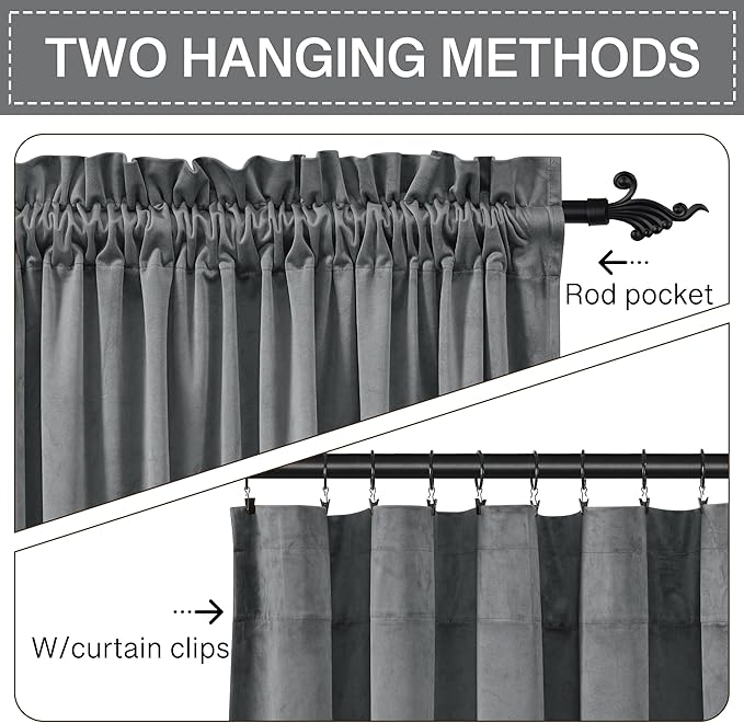 StangH Grey Velvet Curtains 96 inches Long Room Darkening Window Drapes for Living/Dining Room, Solid Rod Pocket Panels for French Door/Cottage, W52 x L96, 2 Panels