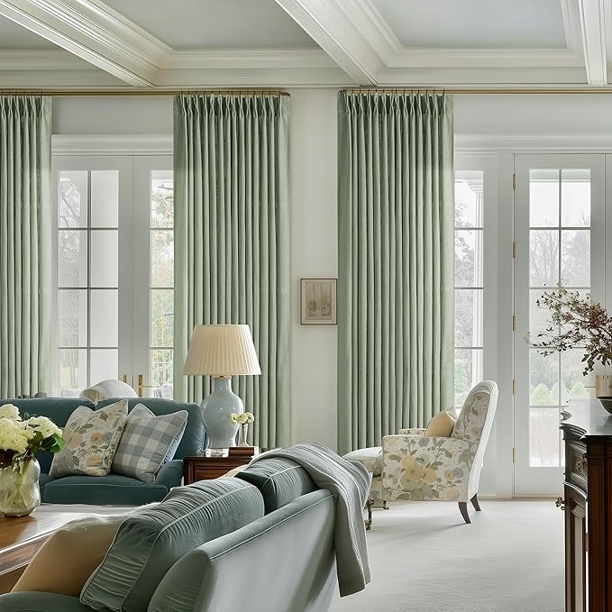 Pinch Pleated Green Linen Curtains 96 Inches Long for Living Room Bedroom Light Filtering Boho Window Drape 96 inch 2 Panels with Hooks Rings 8ft Sage Green Sliding Glass Door Semi Sheer Curtain