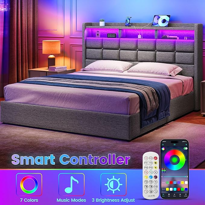 Lift Up Queen Bed Frame with Storage, Upholstered Bed Frame Queen Size with LED Lights Headboard and Charging Station, No Box Spring Needed, Easy Assembly - Light Grey