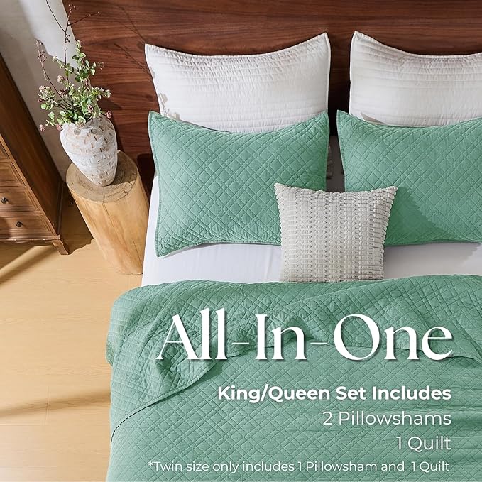 Cali King Quilt Set with Shams Lightweight Quilted Bedspread Coverlet Thin Comforter Bed Cover Vintage Washed Quilted Blanket for All Season, Brushed Microfiber Diamond Stitching, Green, 111"x92"