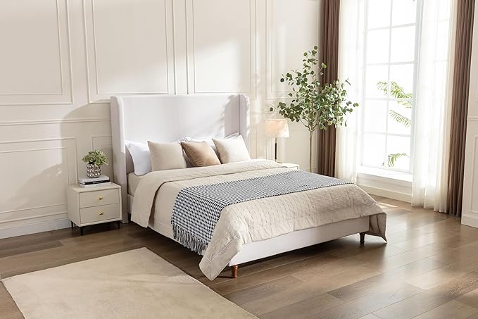 King Size Upholstered Platform Bed with 54" Tall Wingback Headboard/Elegant Upholstered Bed Frame Without Wooden Slats/Box Spring Required/Easy Assembly/Textured Ivory Canvas