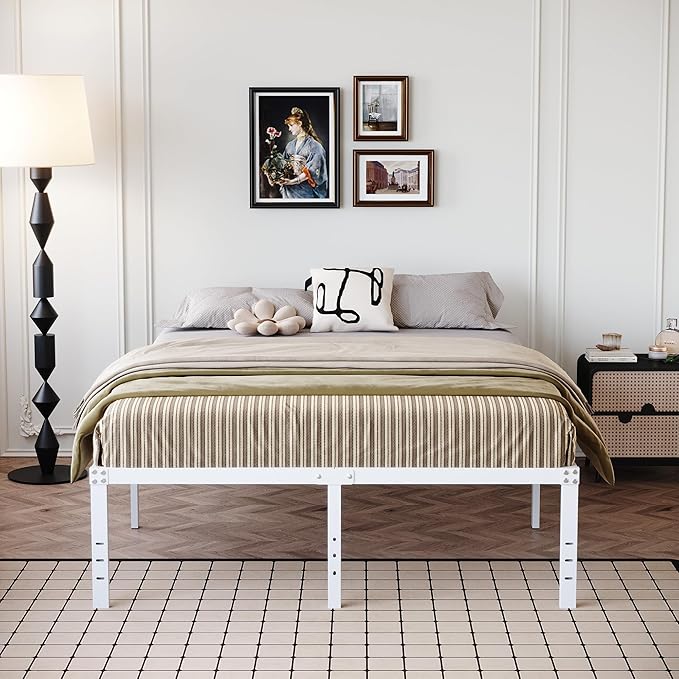 18 Inch Queen Bed Frame Heavy Duty Metal Platform No Box Spring Needed, Maximum Storage, Easy Assembly, Noise Free, White