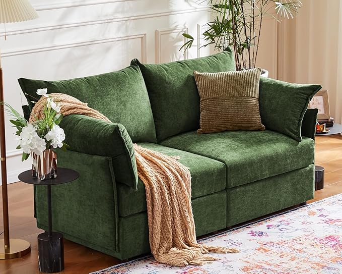 ABCASA Oversized Loveseat Sofa, Modern Modular Sectional Couch Green Fluffy Chenille Mid Century 2-Seat 24.5" Deep Seat for Apartment, Living Room, Bedroom