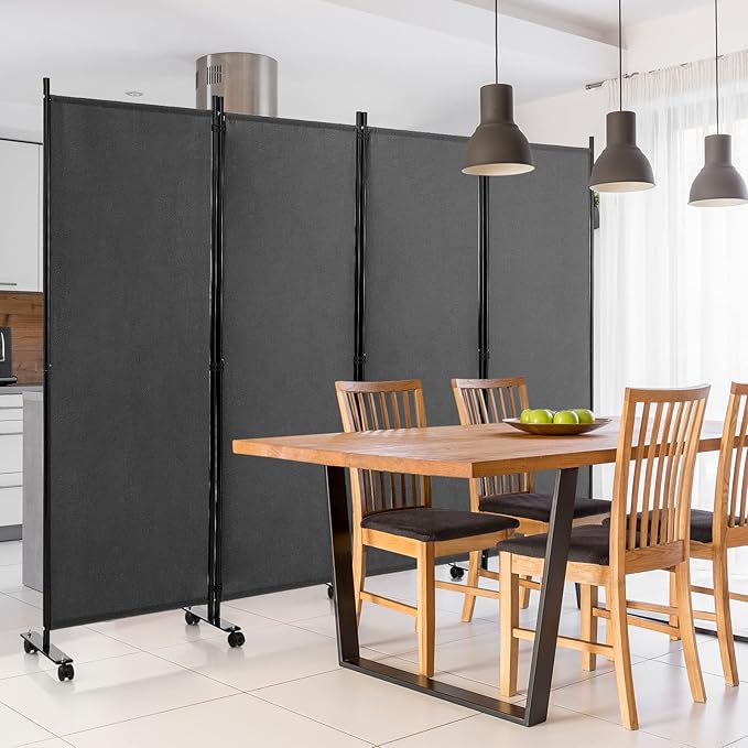 GOFLAME 4 Panel Folding Room Divider, 6FT Rolling Privacy Screen with Lockable Wheels, Portable Room Partition Screen, Freestanding Wall Divider and Separator for Home Office, Grey